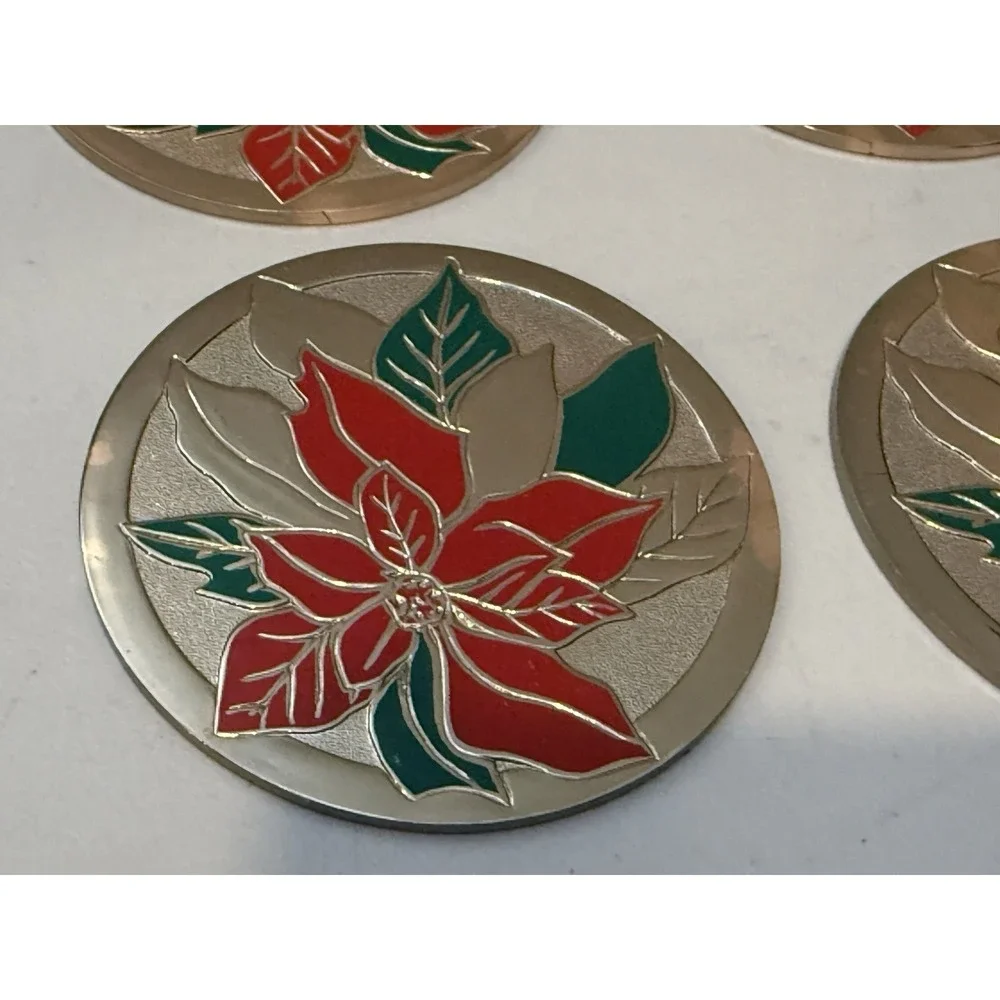 VTG Christmas Decor 4‎ Brass & Enamel Coasters Poinsettia Holiday EUC Felt Back